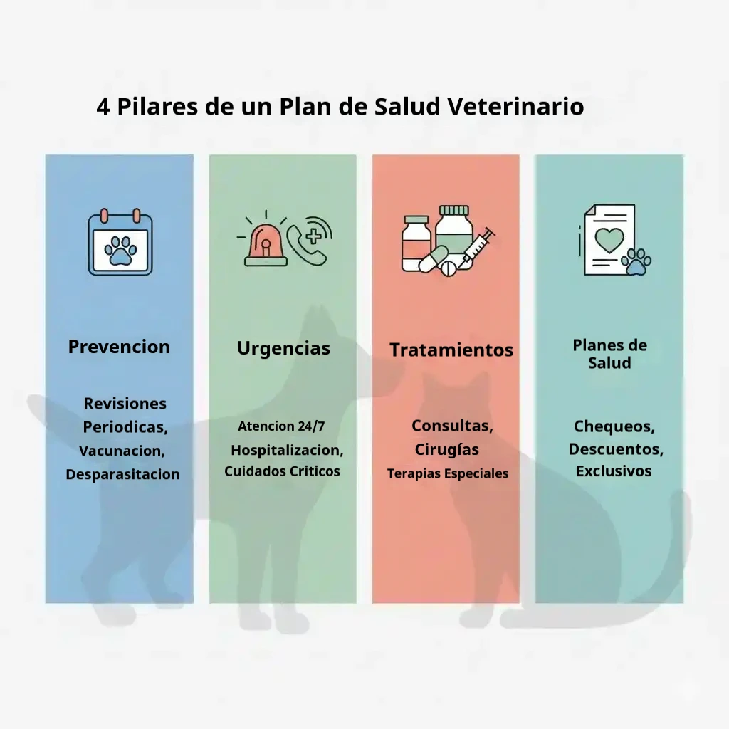 Plan de salud veterinario - infografía con los 4 pilares: prevención, urgencias, tratamientos y planes