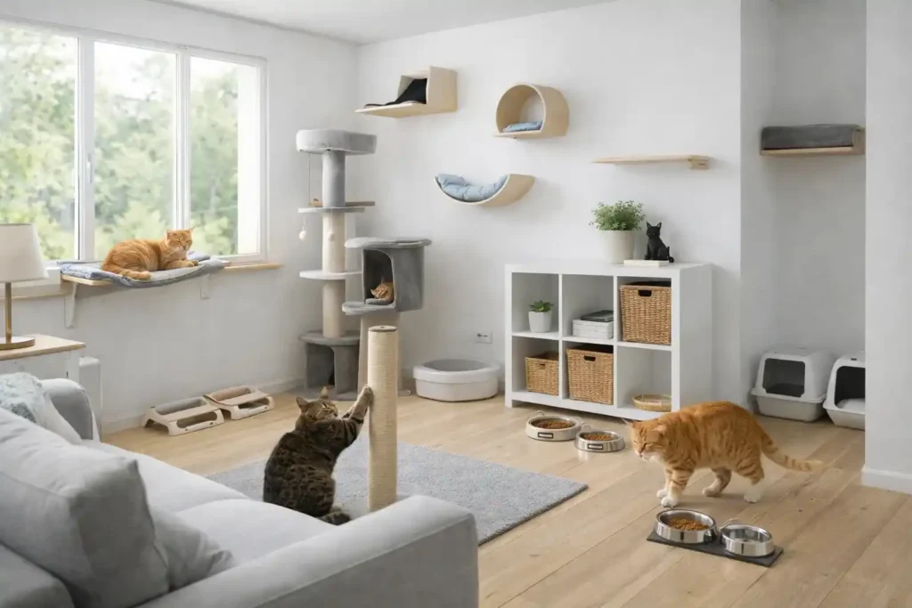Prevención de agresividad en gatos - Hogar enriquecido con múltiples recursos comederos rascadores y zonas elevadas