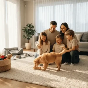 Familia feliz dando la bienvenida a un cachorro en el salón de casa con productos para mascotas preparados