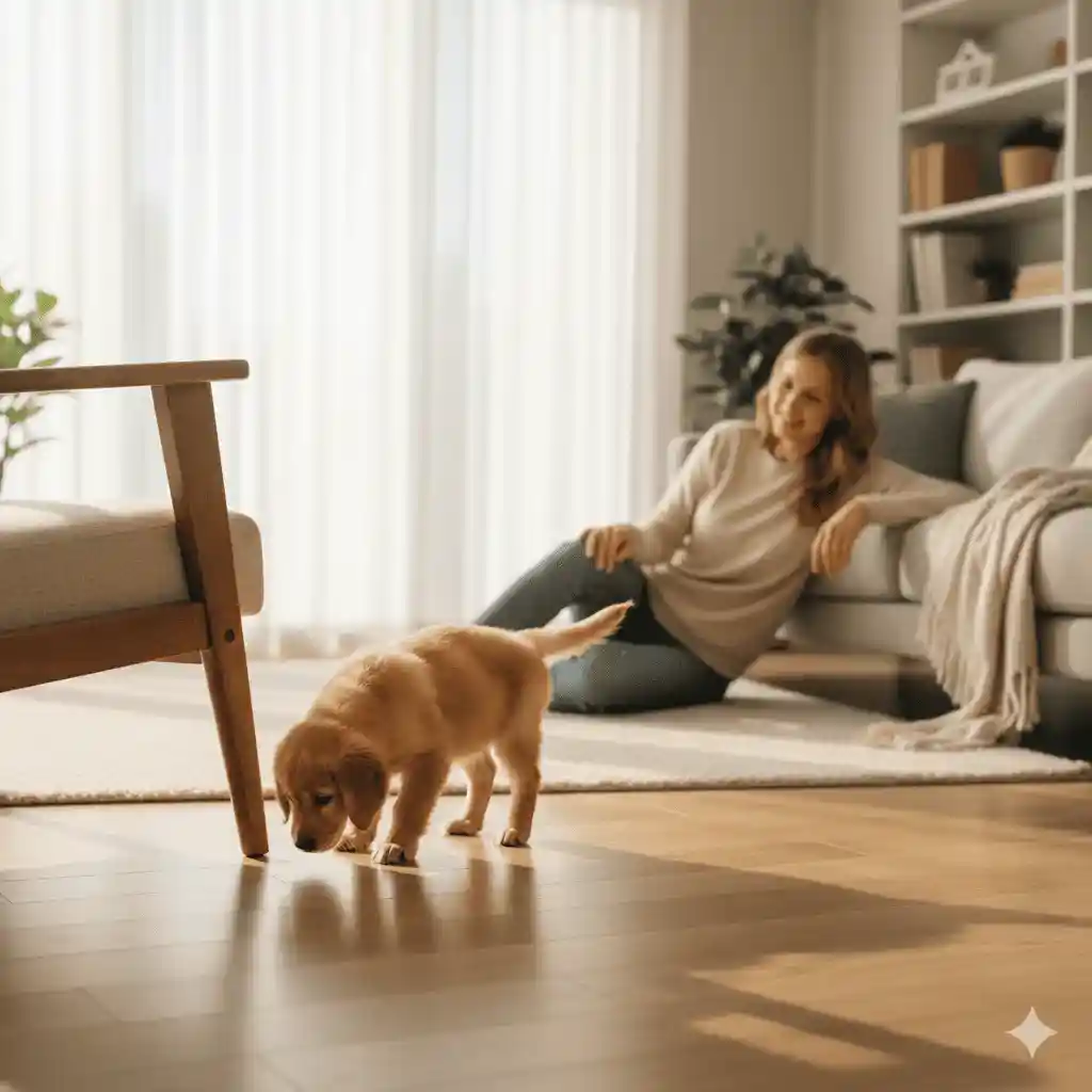 Nueva mascota en casa: cachorro explorando su nuevo hogar con el propietario observando