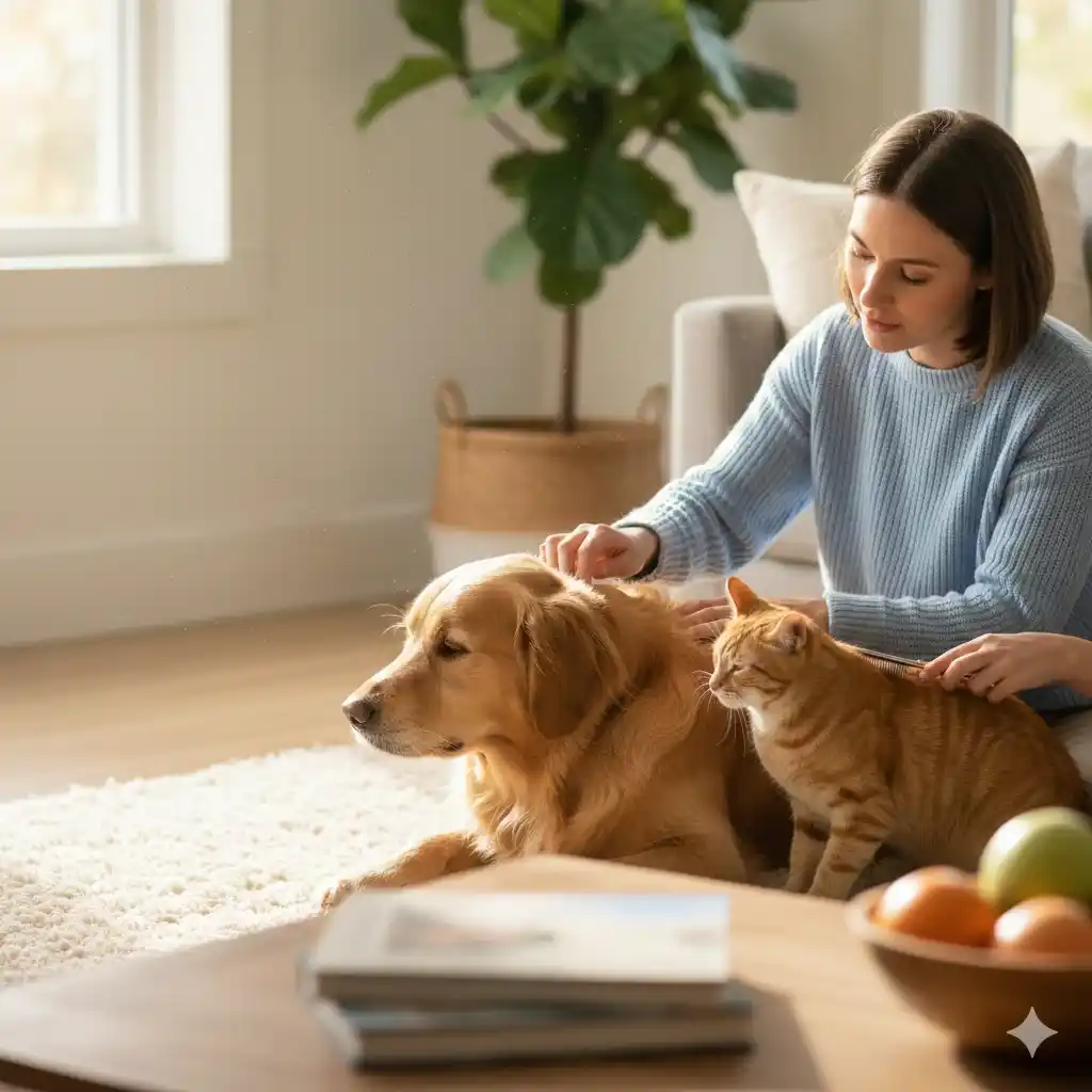 Cuidado preventivo y revisión de pelaje en un perro y un gato en casa.