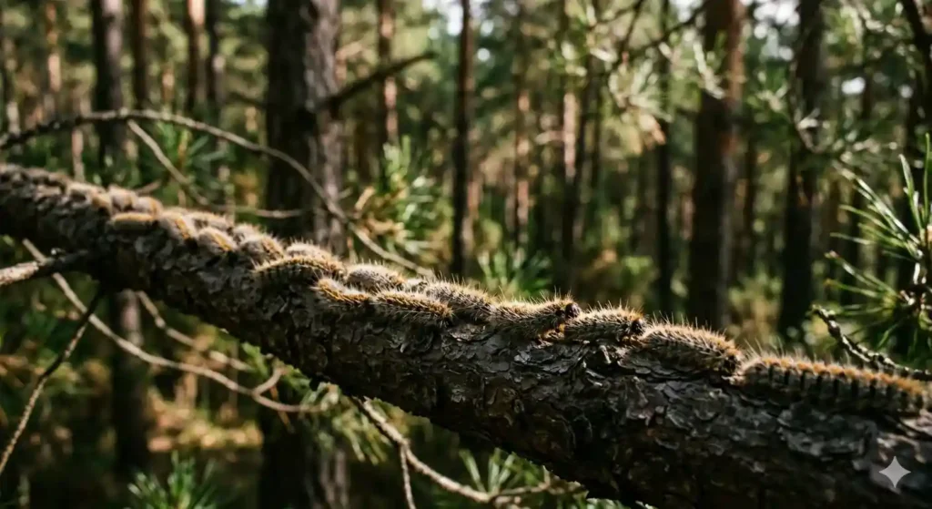 Procesionaria del Pino en Perros: Síntomas, Qué Hacer y Cómo Prevenir el Contacto 2 Oruga procesionaria del pino en el suelo del bosque, peligrosa para perros | plandesaludveterinario.com