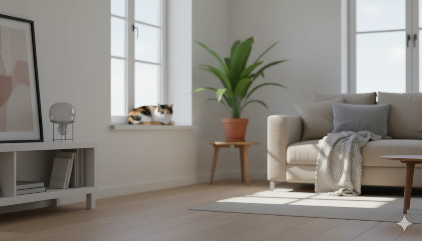 Ambiente general de comportamiento felino en hogar moderno