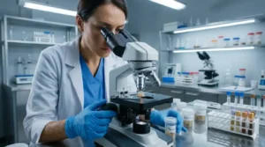 Giardia en perros y gatos: síntomas, contagio y tratamiento 18 Veterinario analizando muestra de heces al microscopio para detectar giardia en mascotas