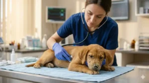 Moquillo en perros (distemper): síntomas, tratamiento y vacunación 1 Cachorro con secreción nasal y ocular por moquillo canino en consulta veterinaria