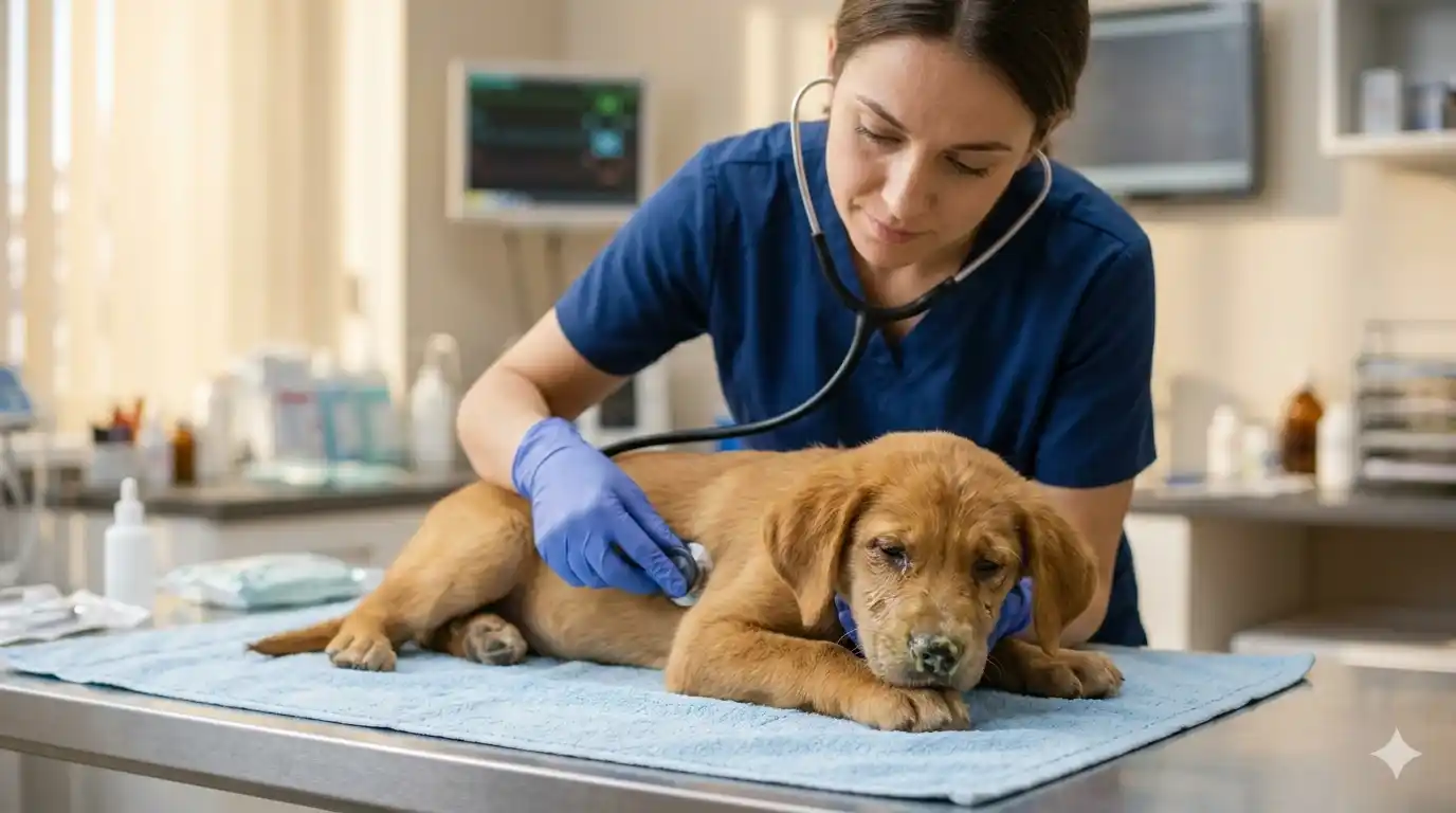 Cachorro con secreción nasal y ocular por moquillo canino en consulta veterinaria