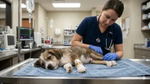 Parvovirus en perros: síntomas, tratamiento y prevención 3 Cachorro con parvovirus recibiendo fluidoterapia intravenosa en clínica veterinaria