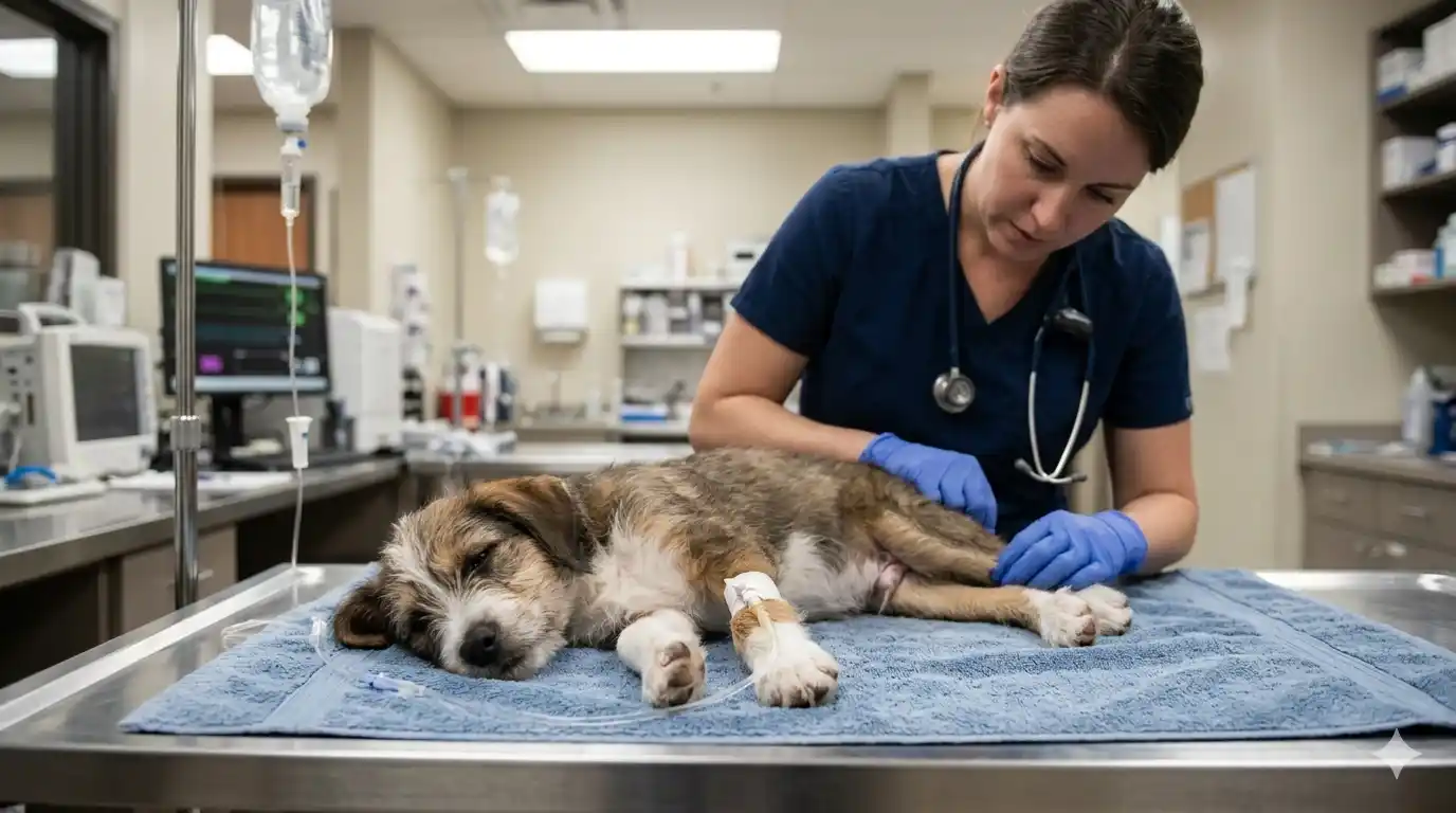 Cachorro con parvovirus recibiendo fluidoterapia intravenosa en clínica veterinaria