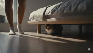 Gato calicó escondido bajo una cama de diseño moderno en un dormitorio con luz suave y sombras alargadas, mostrando miedo y comportamiento de evitación, con las piernas de una persona en primer plano.