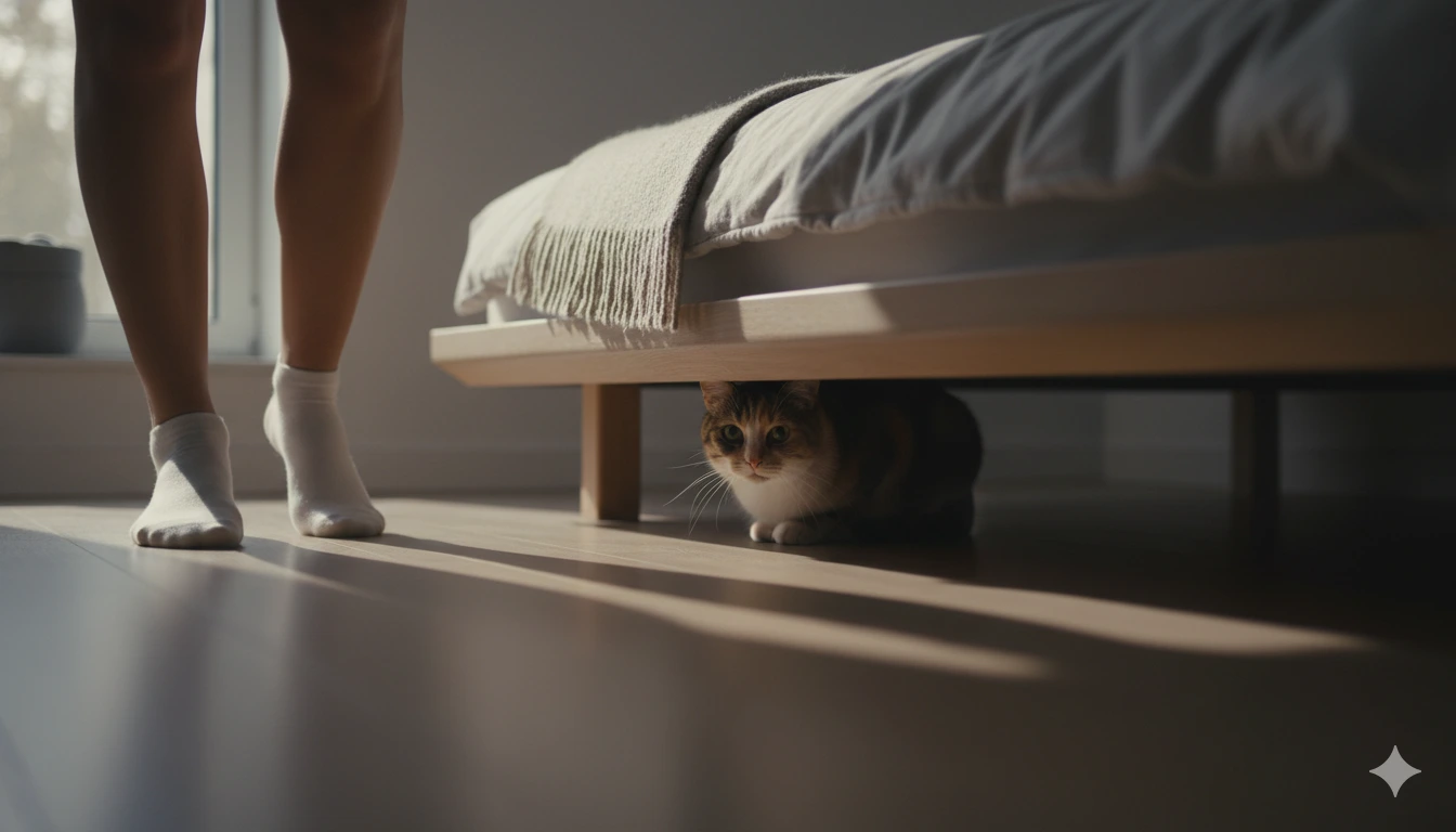 Gato calicó escondido bajo una cama de diseño moderno en un dormitorio con luz suave y sombras alargadas, mostrando miedo y comportamiento de evitación, con las piernas de una persona en primer plano.