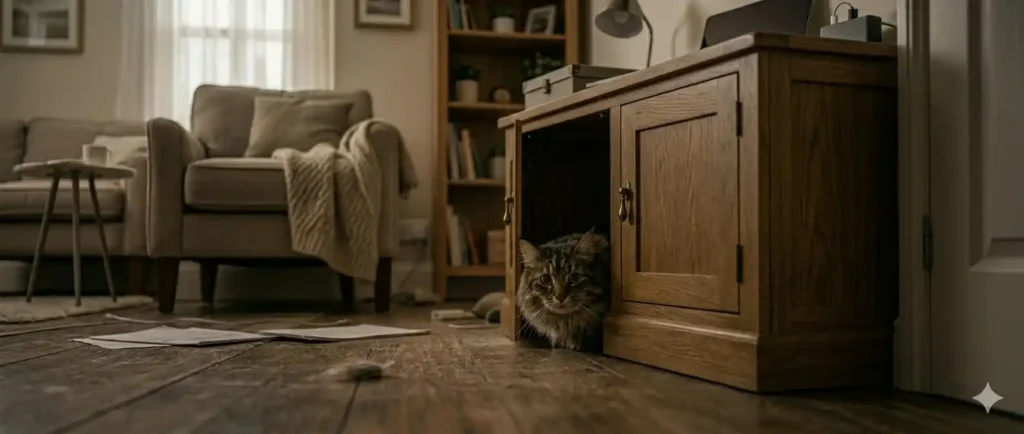 Un gato Maine Coon de pelo largo con expresión asustada, agazapado y escondido en el interior de un mueble de madera en una sala de estar moderna, ilustrando un signo sutil de estrés felino.