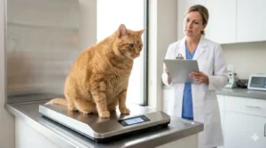 Diabetes en gatos: síntomas, insulina y posibilidad de remisión 2 Gato con sobrepeso en báscula veterinaria, factor de riesgo de diabetes felina