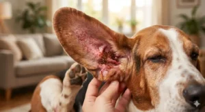 Otitis en perros: causas, síntomas y tratamiento 5 Primer plano macro detallado de la oreja de un perro Basset Hound con síntomas visibles de otitis canina, que muestra inflamación roja, enrojecimiento y secreción oscura