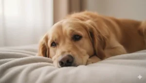 Epilepsia en perros: qué hacer durante una convulsión y cómo funciona el tratamiento 12 Un golden retriever de color dorado claro, con expresión pacífica y ojos serenos, tumbado en una manta blanca y esponjosa. La imagen transmite calma y bienestar, ideal para representar la vida de perros con epilepsia canina, enfocándose en la calidad de vida y el cuidado.