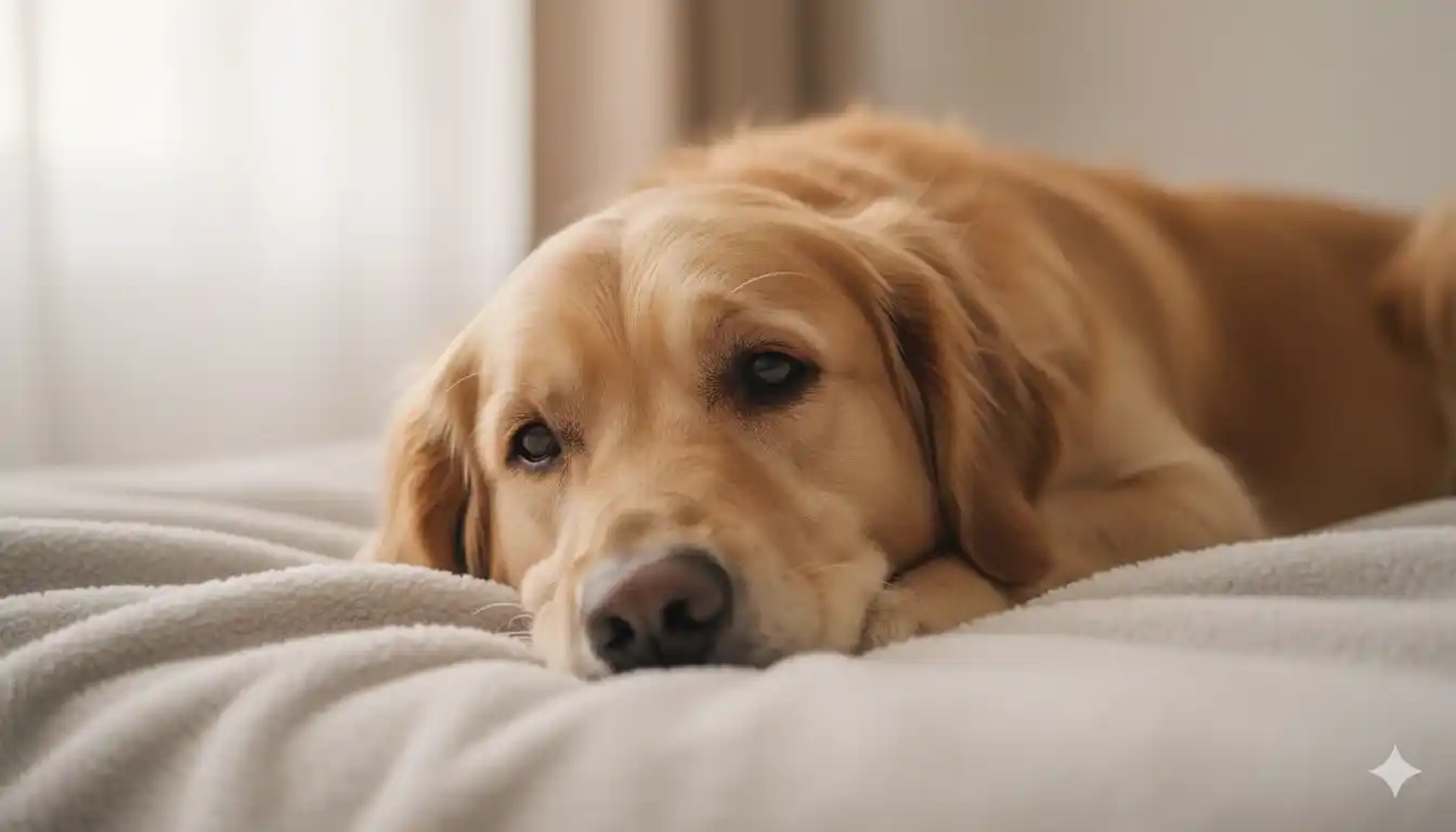 Epilepsia en perros: qué hacer durante una convulsión y cómo funciona el tratamiento 1 Un golden retriever de color dorado claro, con expresión pacífica y ojos serenos, tumbado en una manta blanca y esponjosa. La imagen transmite calma y bienestar, ideal para representar la vida de perros con epilepsia canina, enfocándose en la calidad de vida y el cuidado.