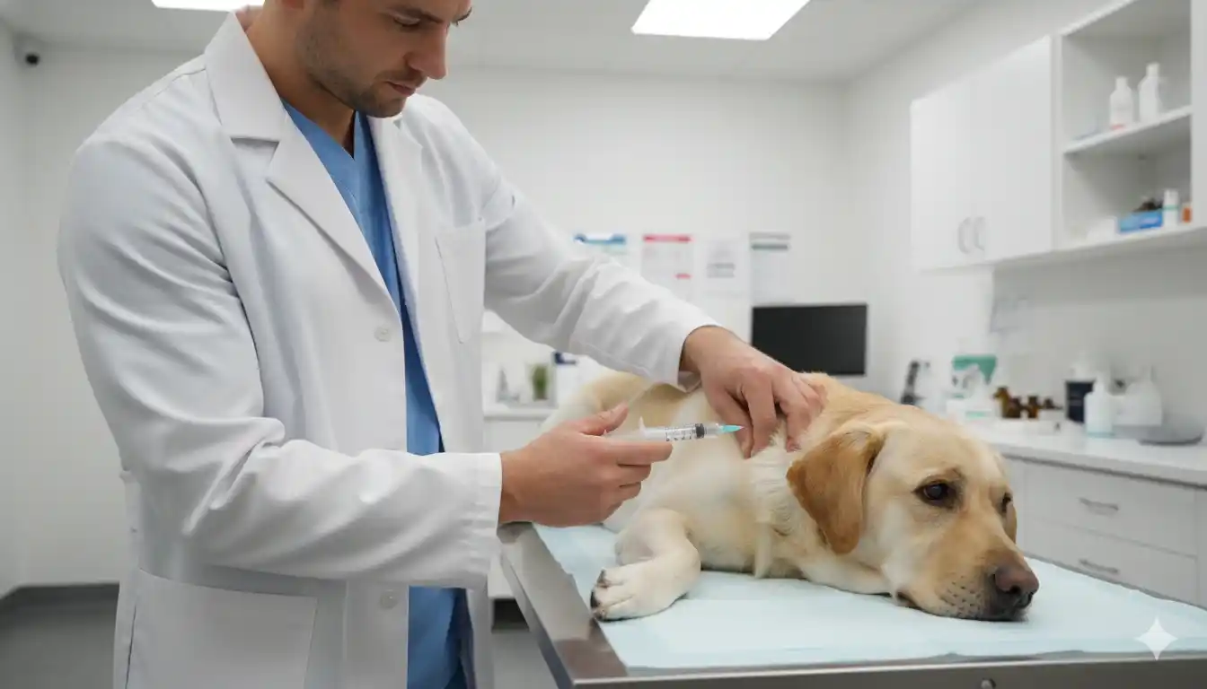 Veterinario administrando insulina subcutánea a un Labrador con diabetes canina
