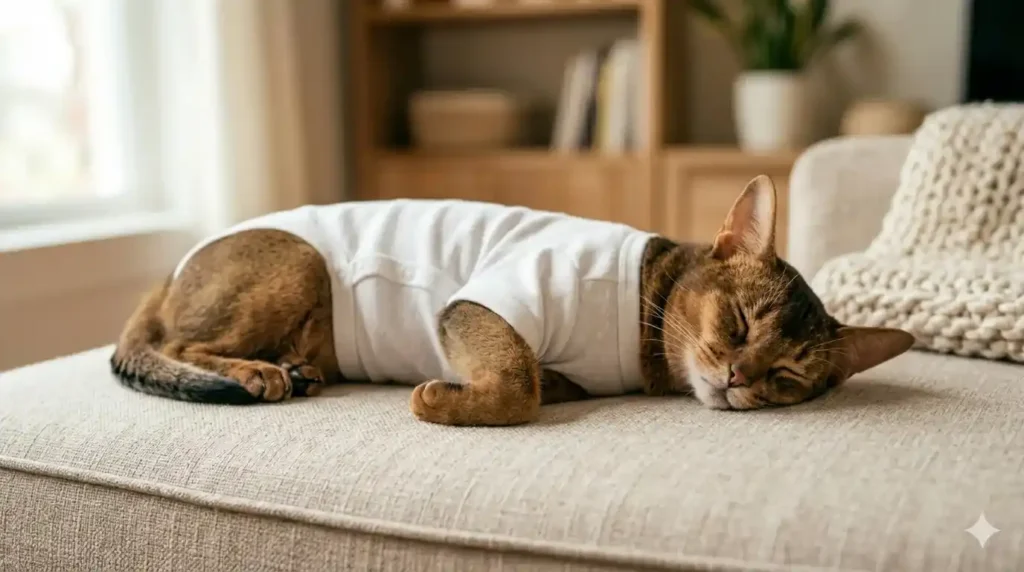 Gato tranquilo con body de bebé durante el postoperatorio en casa