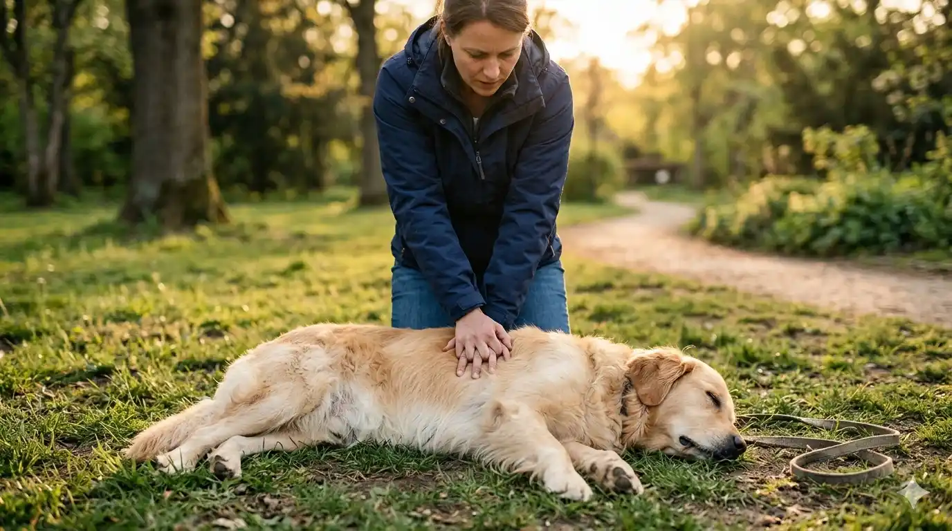Persona realizando primeros auxilios a un perro tumbado en el suelo
