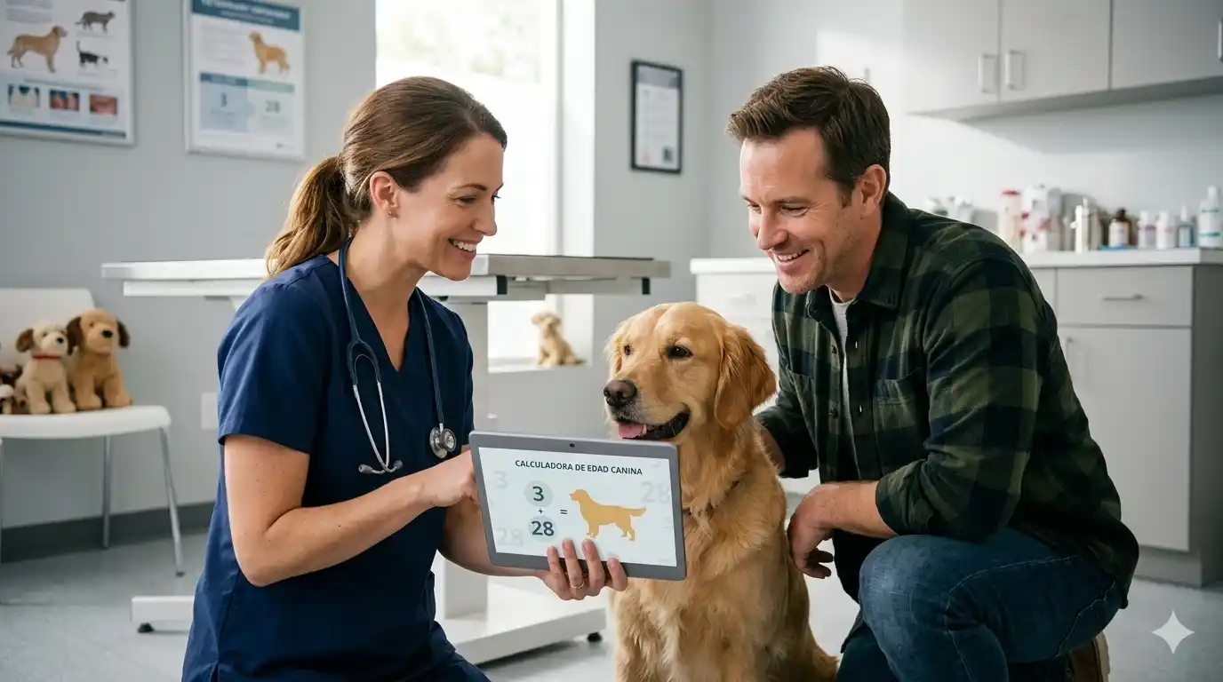 Veterinaria explicando a un dueño cómo calcular la edad de su perro en años humanos usando una tablet en la clínica.