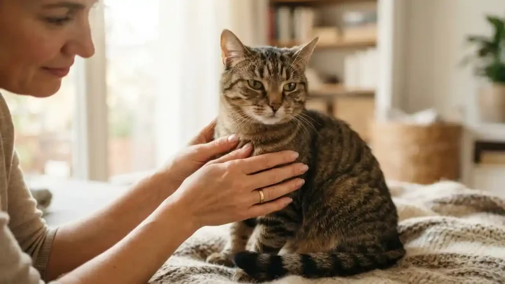 Manos palpando las costillas de un gato para valorar su condición corporal