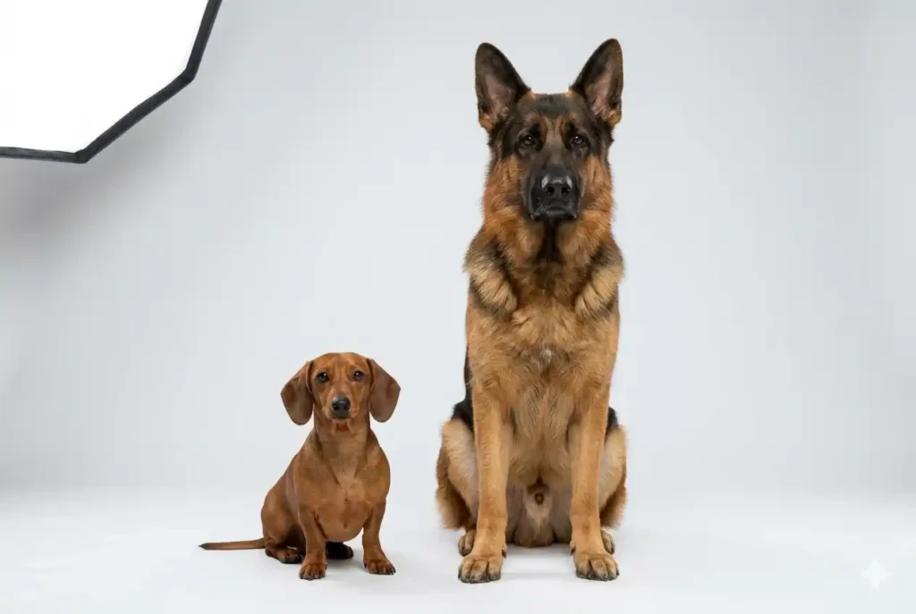Calculadora edad perro: comparativa de tamaño entre un perro pequeño y uno grande para entender el envejecimiento canino