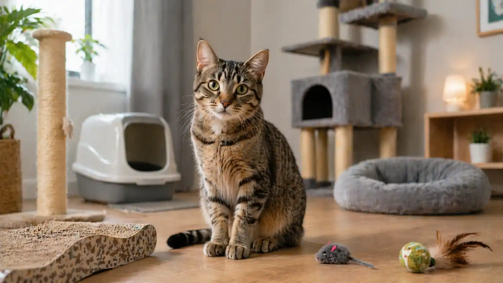 Gato doméstico en salón moderno con rascador, arenero y juguetes mostrando comportamiento felino en casa
