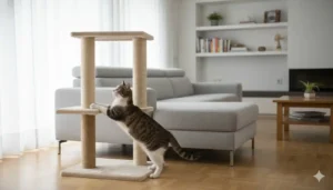 Gato usando rascador en casa - enriquecimiento ambiental para el bienestar felino y prevención del estrés
