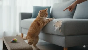 Mi gato araña el sofá: por qué lo hace y cómo proteger los muebles 1 Un gato atigrado naranja arañando un sofá gris desgastado, con una mano humana señalando y un rascador de cartón al lado, mostrando el problema y una solución.
