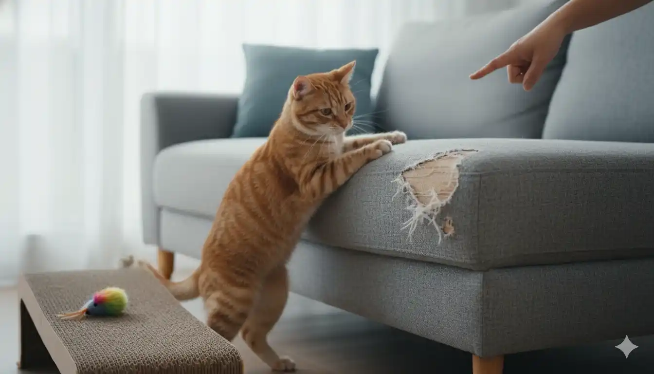 Un gato atigrado naranja arañando un sofá gris desgastado, con una mano humana señalando y un rascador de cartón al lado, mostrando el problema y una solución.