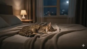 Gato durmiendo tranquilo por la noche en casa