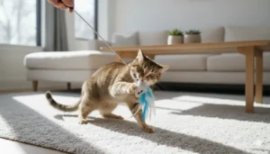 gato jugando juguete cana salon moderno