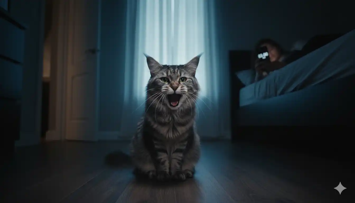 Mi gato maúlla mucho de noche: causas y soluciones 1 Un gato atigrado maullando con la boca abierta en una habitación oscura por la noche, mientras una persona intenta dormir en el fondo, ilustrando el maullido nocturno.