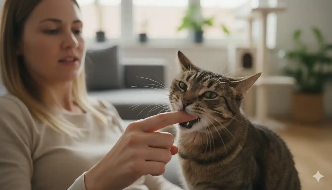 Primer plano de un gato atigrado mordiendo suavemente el dedo de una persona, ilustrando el comportamiento de morder en felinos.