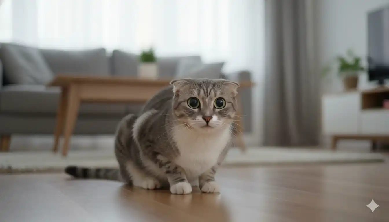 Gato en postura tensa con orejas hacia atrás y pupilas dilatadas - señales de estrés felino que debes reconocer