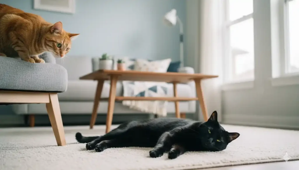 dos-gatos-casa-convivencia-pacifica Fotografía realista de dos gatos domésticos (uno atigrado naranja curioso, otro negro relajado) en un salón luminoso y moderno, creando un ambiente tranquilo de convivencia.