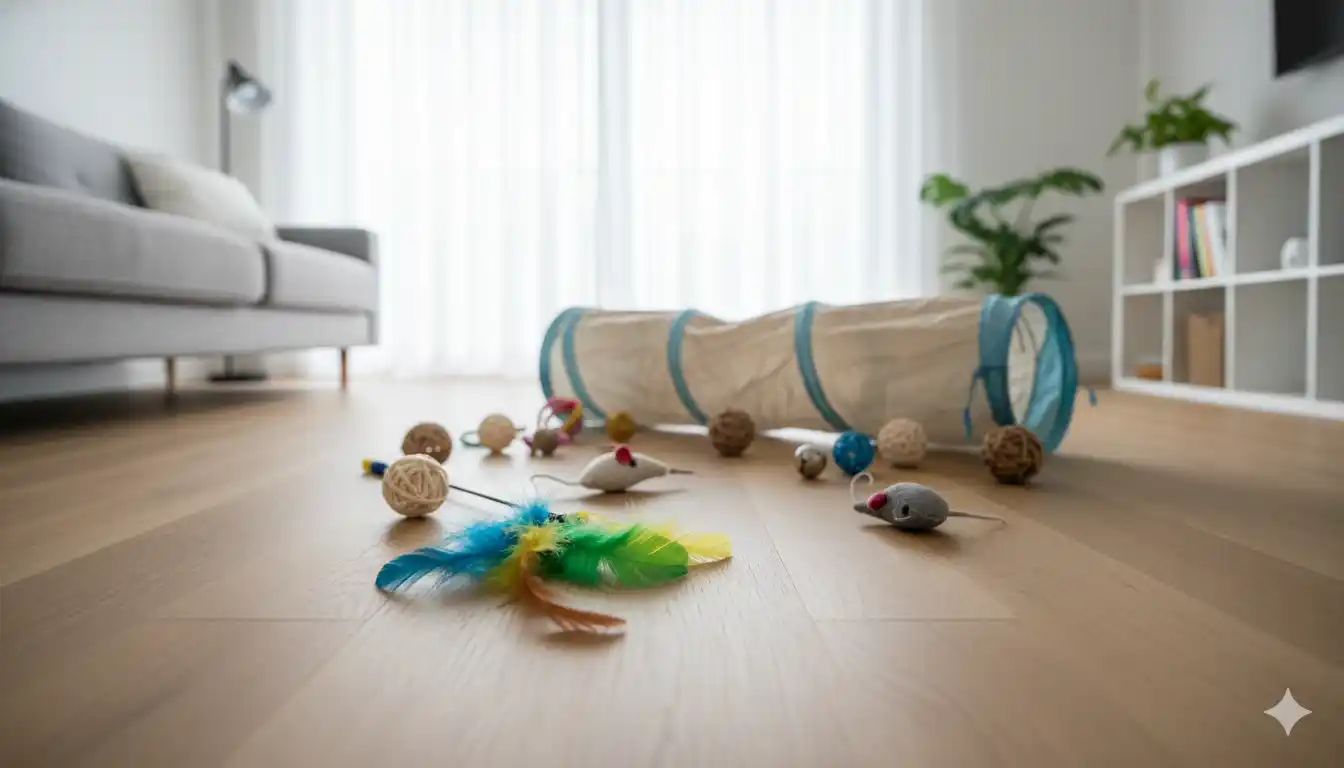 Juguetes recomendados para gatos (guía completa) 1 Juguetes de enriquecimiento ambiental para gatos: plumas, pelotas y túnel en un hogar contemporáneo, destacando la importancia del juego felino.