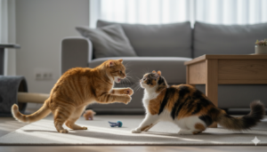 Mis gatos se pelean: por qué ocurre y cómo hacer que se lleven bien 5 Dos gatos (uno atigrado naranja y uno calicó) en pose de juego rudo o confrontación en un salón, mostrando interacción felina intensa.