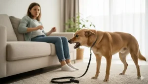 Mi perro es agresivo: tipos, causas y qué hacer 8 Perro de tamaño mediano con correa, mostrando señales de agresividad (gruñido, dientes) hacia su dueña sentada en el sofá de un salón luminoso. La dueña observa con preocupación. Imagen ilustrativa sobre agresividad canina en el hogar.