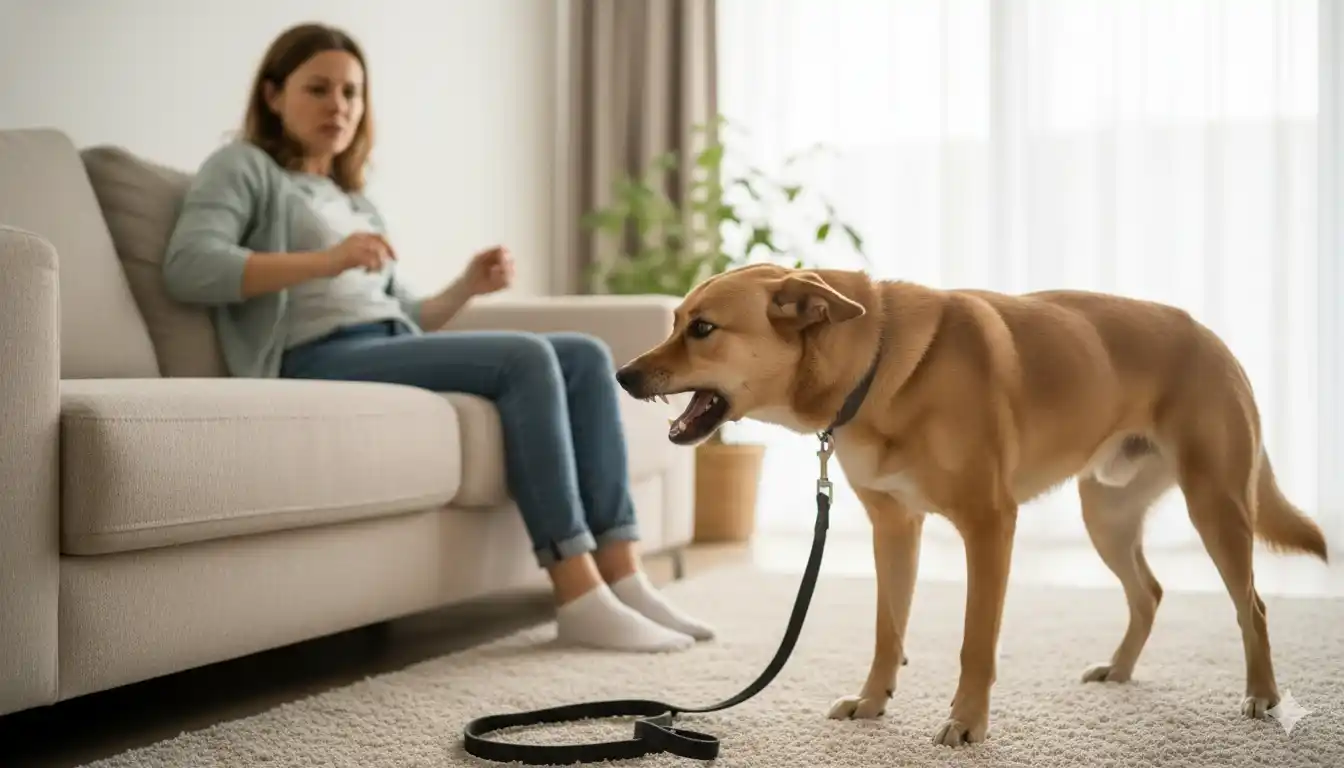 Mi perro es agresivo: tipos, causas y qué hacer 1 Perro de tamaño mediano con correa, mostrando señales de agresividad (gruñido, dientes) hacia su dueña sentada en el sofá de un salón luminoso. La dueña observa con preocupación. Imagen ilustrativa sobre agresividad canina en el hogar.
