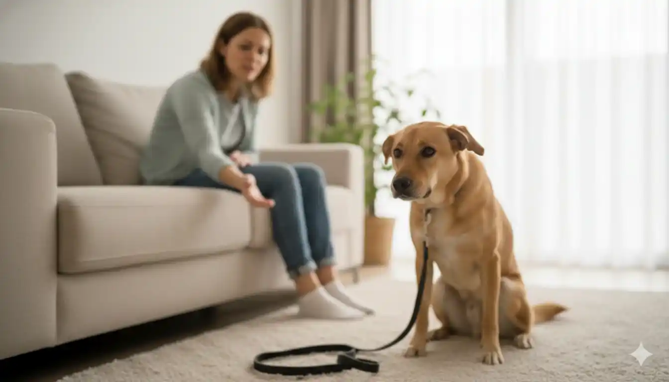 Mi perro es miedoso: por qué ocurre y cómo ayudarlo 1 Perro de tamaño mediano con correa, mostrando señales de miedo extremo y sumisión (orejas muy pegadas, cola completamente entre las patas, cuerpo agachado, evitación del contacto visual) mientras su dueña intenta acercarse con precaución. Imagen ilustrativa de perro con ansiedad severa.