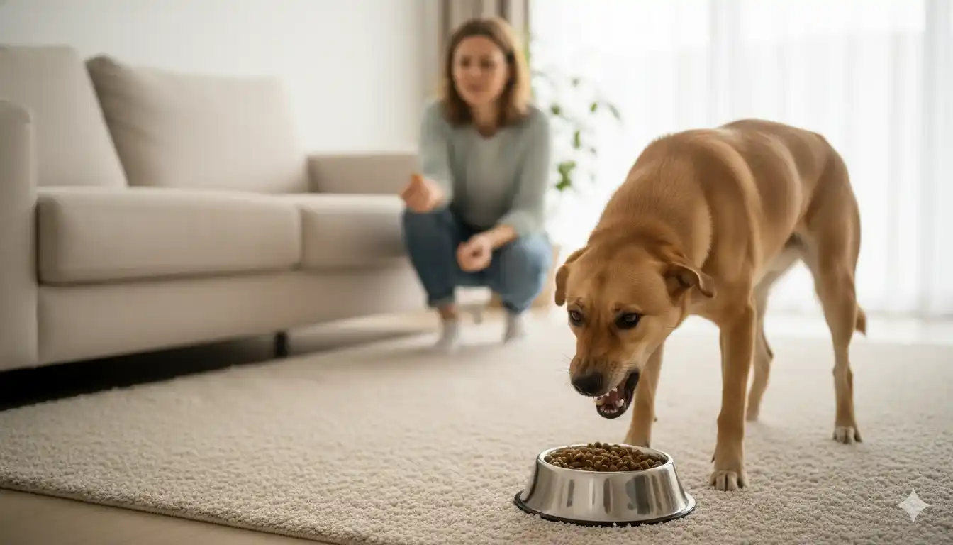 Perro de tamaño mediano con el cuerpo tenso y gruñendo mientras come de su cuenco, con una mujer agachada al fondo observándolo con cautela. La imagen ilustra la guardia de recursos de comida en perros.