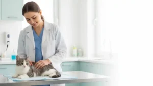 Esterilización y castración en perros y gatos: todo lo que necesitas saber 10 Gata tranquila siendo atendida por veterinaria en clínica durante consulta previa a esterilización