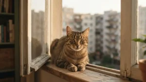 Gato atigrado sentado en una ventana abierta mirando con cautela hacia las vistas a edificios urbanos, ilustrando el riesgo de caídas desde altura.