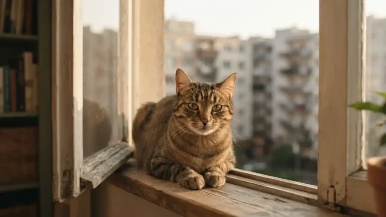 Gato atigrado sentado en una ventana abierta mirando con cautela hacia las vistas a edificios urbanos, ilustrando el riesgo de caídas desde altura.