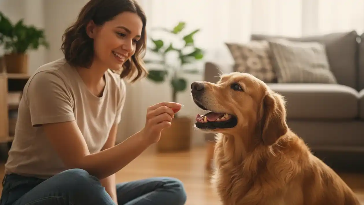 Calendario de desparasitación del perro: cuándo y con qué desparasitar 1 Perro recibiendo antiparasitario de su propietario en casa | plandesaludveterinario.com