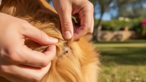 Propietario revisando el pelaje de su perro buscando garrapatas | plandesaludveterinario.com