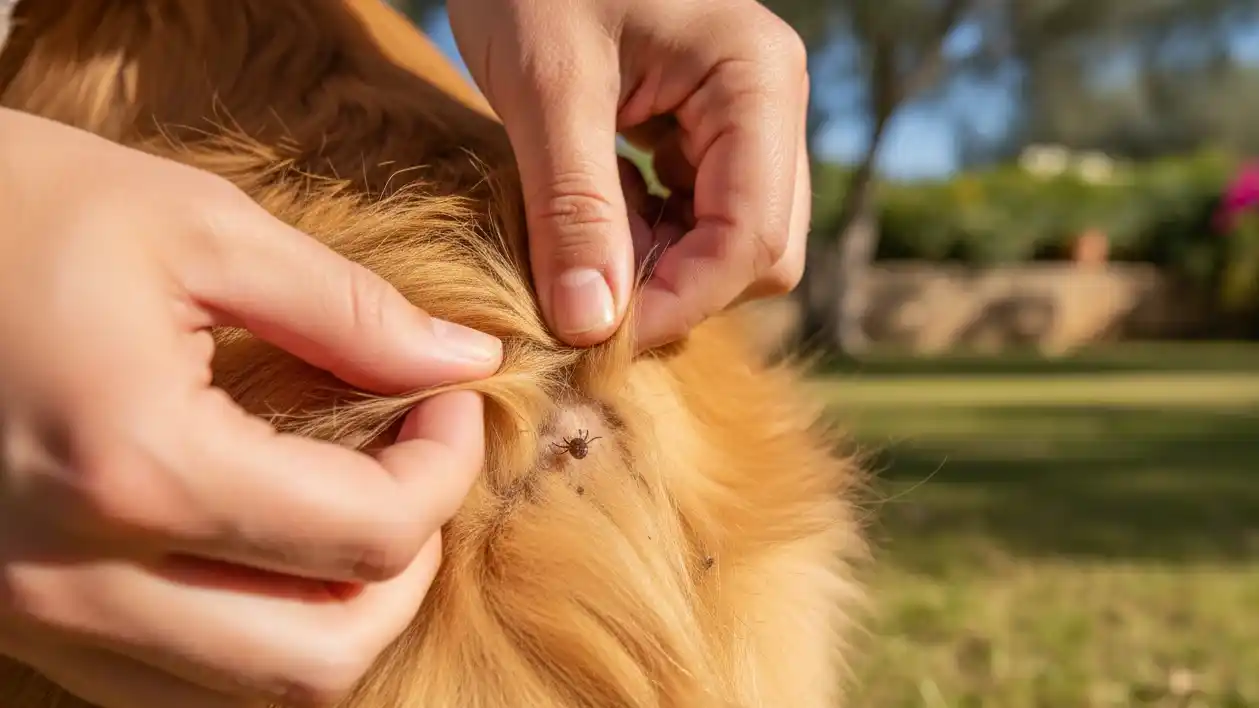 Propietario revisando el pelaje de su perro buscando garrapatas | plandesaludveterinario.com