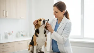 Perro siendo examinado por veterinario en consulta | plandesaludveterinario.com