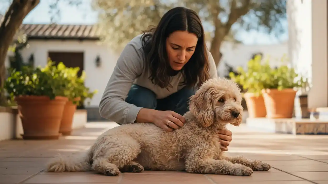 Dueño revisando el pelaje de su perro en busca de garrapatas | plandesaludveterinario.com