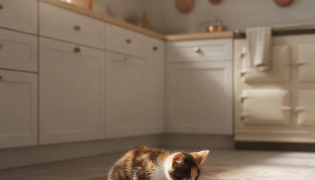 Gatito pequeño comiendo de un cuenco bajo en una cocina hogareña